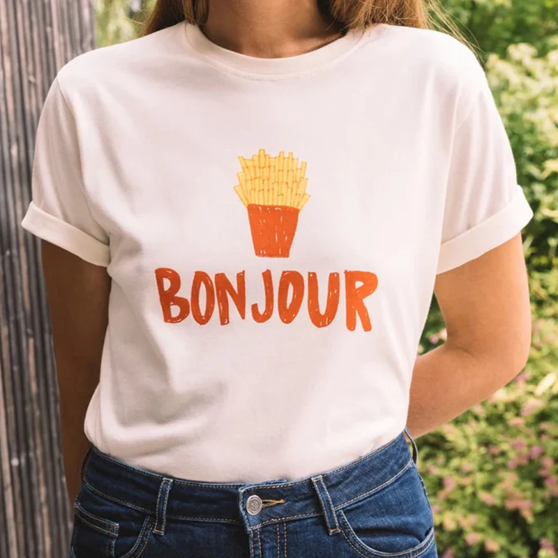 

Pre-sale 2023 Summer Women French Fries letter Print T Shirt Round neck Tee Female Short-Sleeved Loose T-Shirt Tops