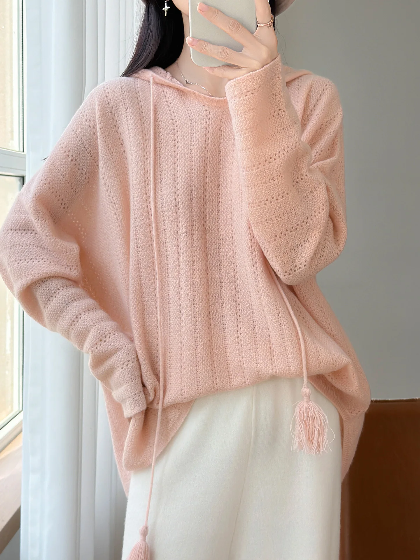 Hooded Woman 100% Merino Wool Spring Autumn Sweater Mock-Neck Pullover Cashmere Knitwear With Tassel Drawstring Clothing