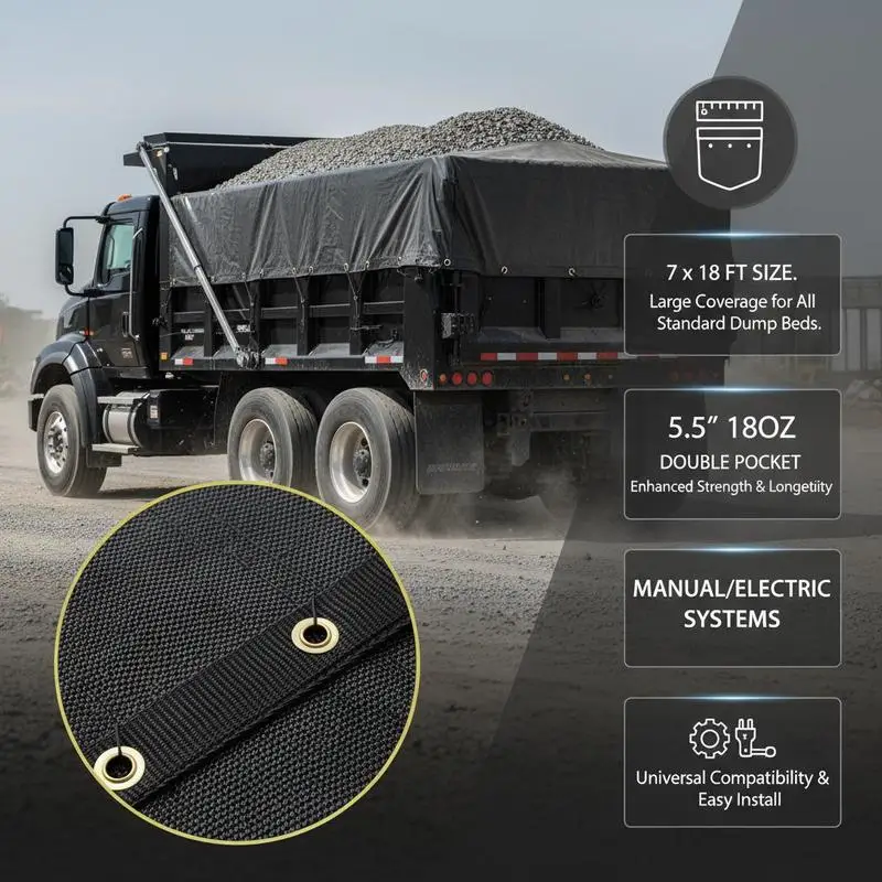 Free Shipping-PVC Coated Netting Cover 7 x 18 ft For Debris Hauling Waste Transport Gravel Delivery, 5.5 Inch 18oz Double Pocket Brass Grommets Reinforced Double Needle Stitch Webbing Manual Electric Dump Truck System Accessory view 5