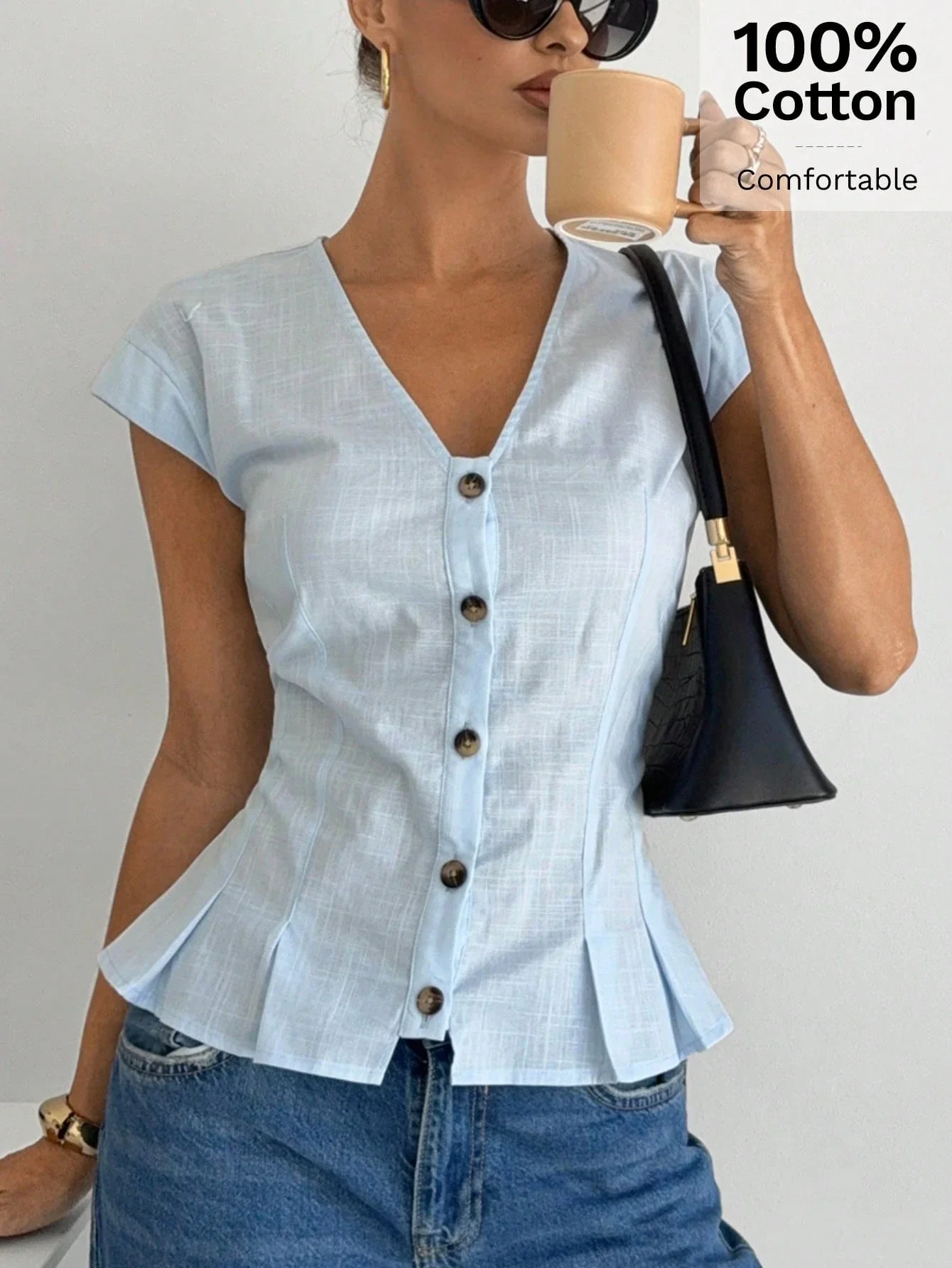 

Women Ice Blue V-Neck Button Front Peplum Short Sleeve Blouse