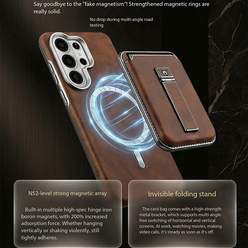 For Samsung Galaxy S26 & S26 Ult Case Magsafe Top-grain Leather Texture Portable Card Slot Invisible Stand Cover Business Travel