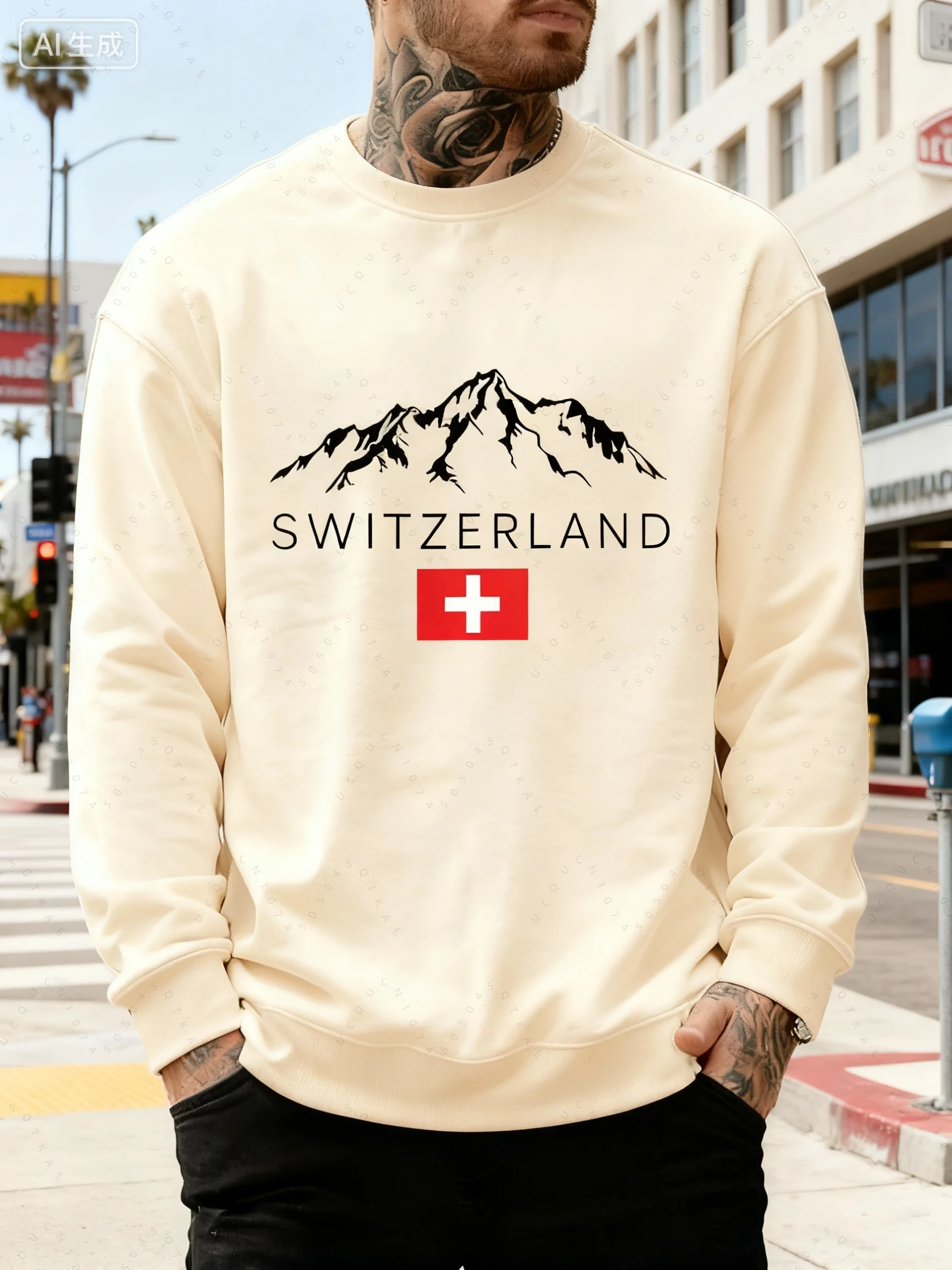 Sudadera holgada y cómoda informal con estampado de montaña nevada suiza para hombre, sudadera de manga larga con cuello redondo, Top con capucha para Otoño e Invierno