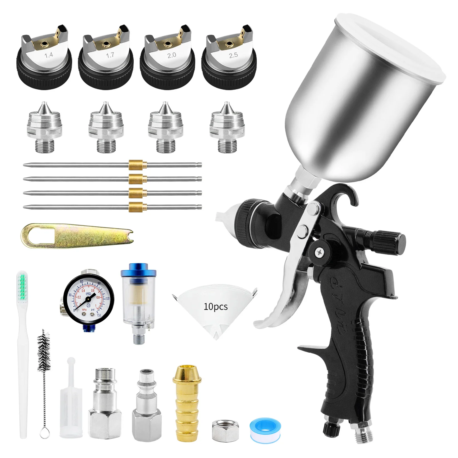 HVLP H2008 Farbspritzpistole 1,4/1,7/2,0/2,5mm Düse 600ml Aluminiumbecher Luftdruckmesser Filter Schwerkraftzufuhr für Auto Wand Möbel Lackierung