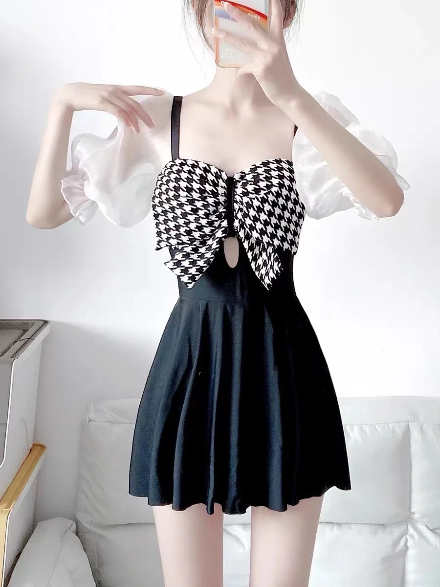 Traje de baño de una pieza con estampado de pata de gallo, traje de baño sexy, estilo coreano, con lazo, Manga corta abullonada, minivestido, culotte, bikini acolchado