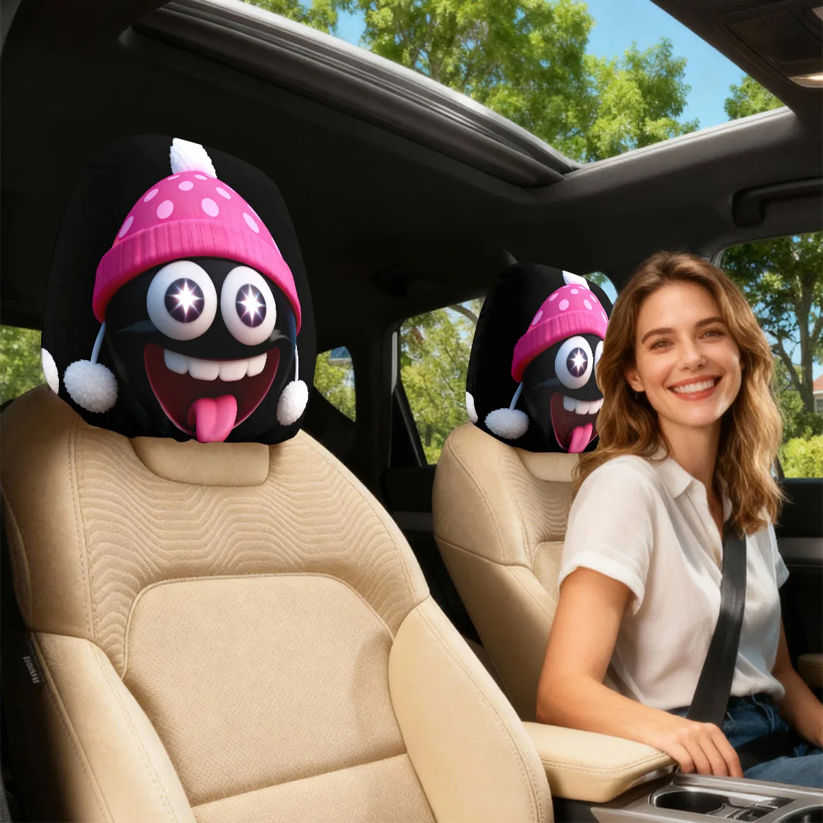 Winter limited edition pink woolen cap pattern breathable car decoration headrest cover two-piece set, retractable holiday gift
