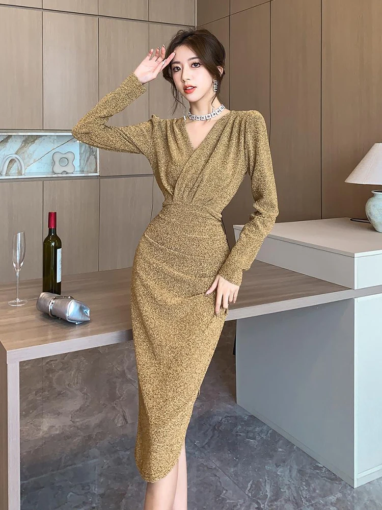 Women Clothes Casual Glitter Shiny Gold V-Neck Folds Slim Asymmetrical Dress Elegant Evening Party Birthday Vestidos Spring New