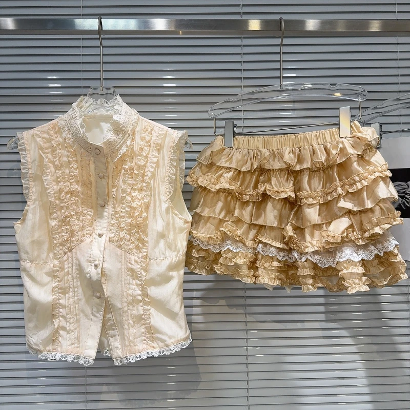

Fashion Temperament Pleated Lace Shirt Vest And Elastic Waist Multi-layer Cake Skirt 2025 Summer New Female Sweet Set
