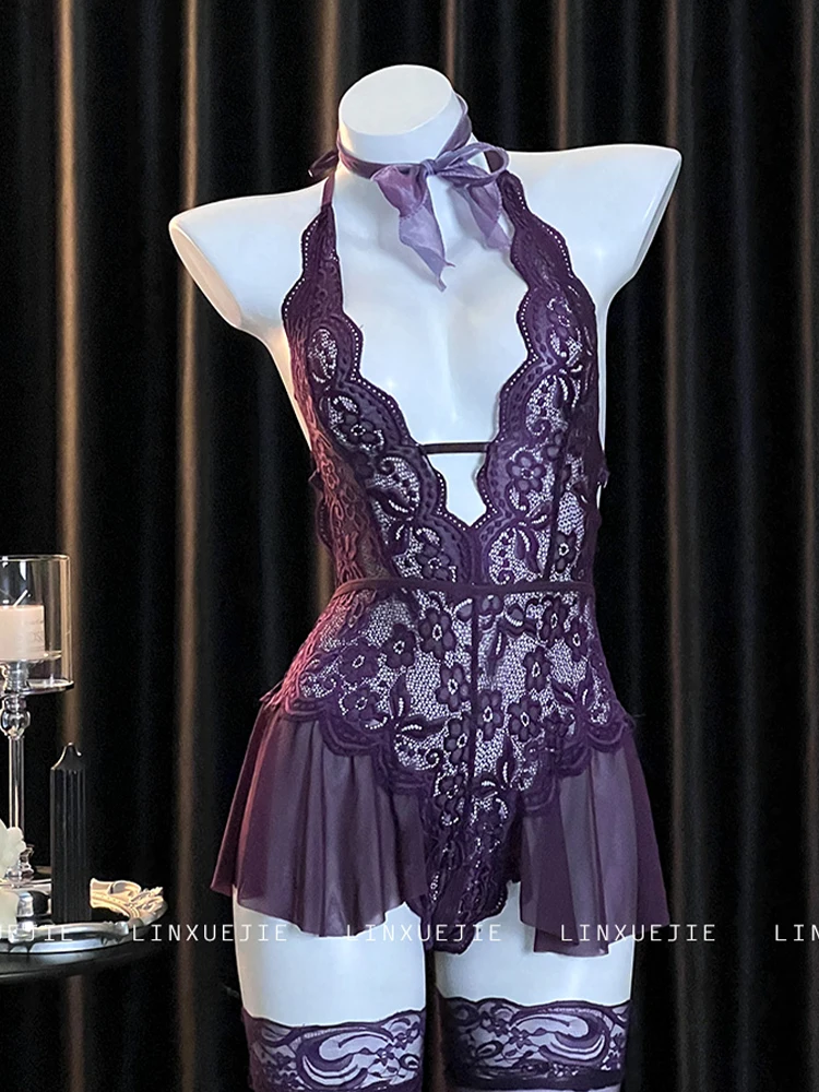 

Women's Purple Nightgown Lace Sleepdress Sleepwear Sleeveless Deep-V Mini Nightdress Bodysuit Sexy Exotic Mini Lingerie Clothing