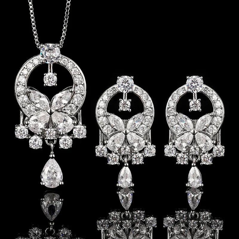 

Luxury Bridal Jewelry Butterfly CZ Drop Earrings Pendant Necklace Clear Cubic Zirconia Wedding Party Jewelry Women Accessories