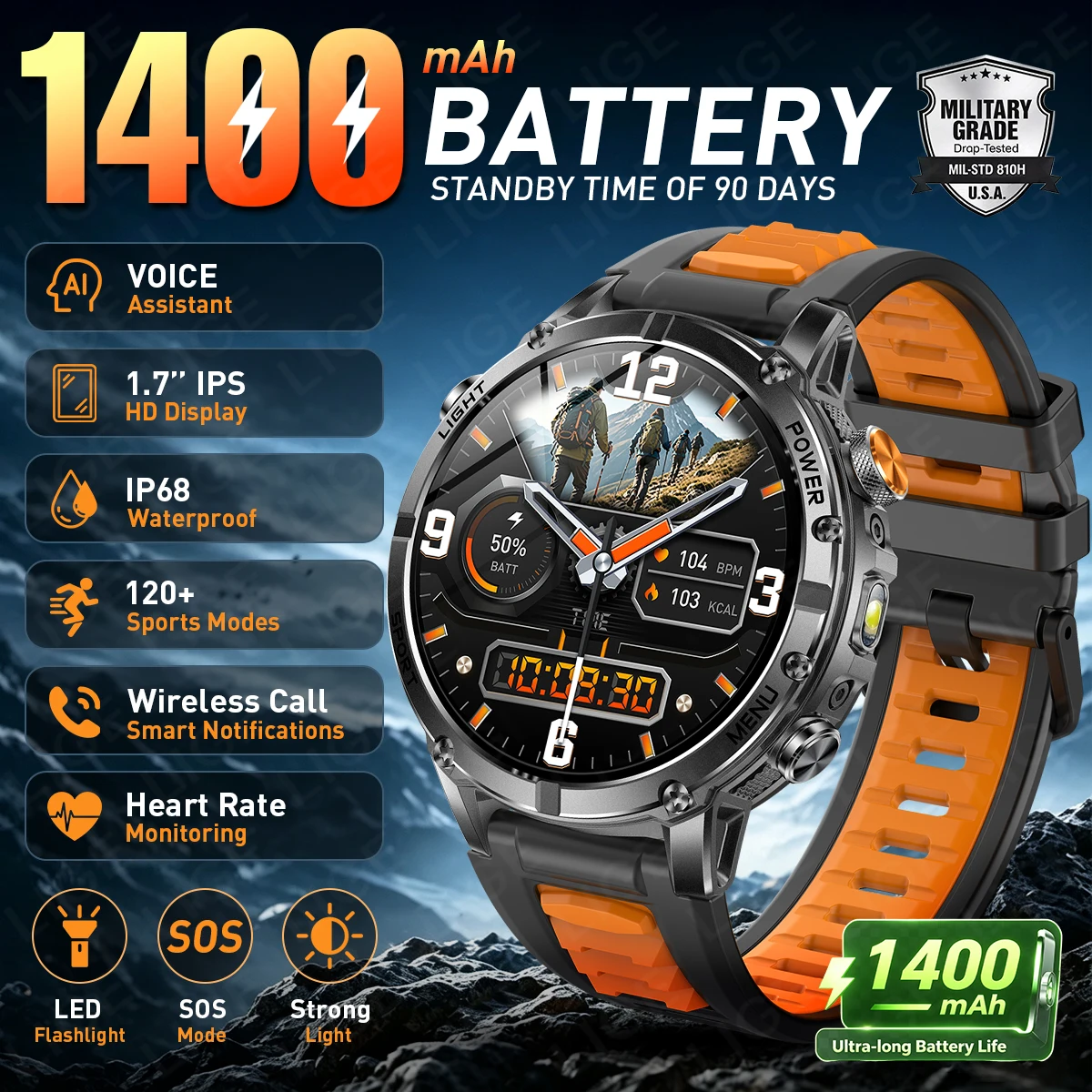 LIGE New 1.7'' HD Screen Smart Watch 1400mAh Big Battery IP68 Waterproof SOS & LED Flashlight Bluetooth Call Outdoor Smartwatch