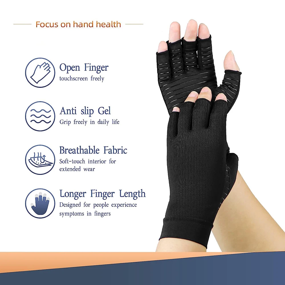 2Pairs Copperion Arthritis Compression Gloves Women Men Relieve Hand Pain Swelling and Carpal Half Finger, Support for Joints