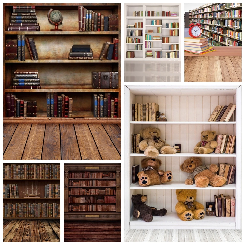 Old Bookshelf Backdrop For Library Study Children Back To School Retro Bookcase Wood Floor Baby Portrait Photography Background