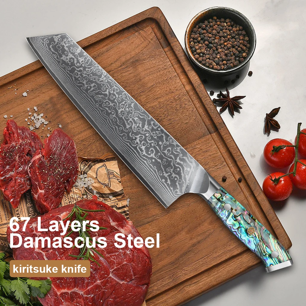 

8‘’kiritsuke Knife 67 Layers Damascus Steel Kitchen knife Core Super Sharp Meat Cleaver Kitchen Cooking Tools with Abalone H