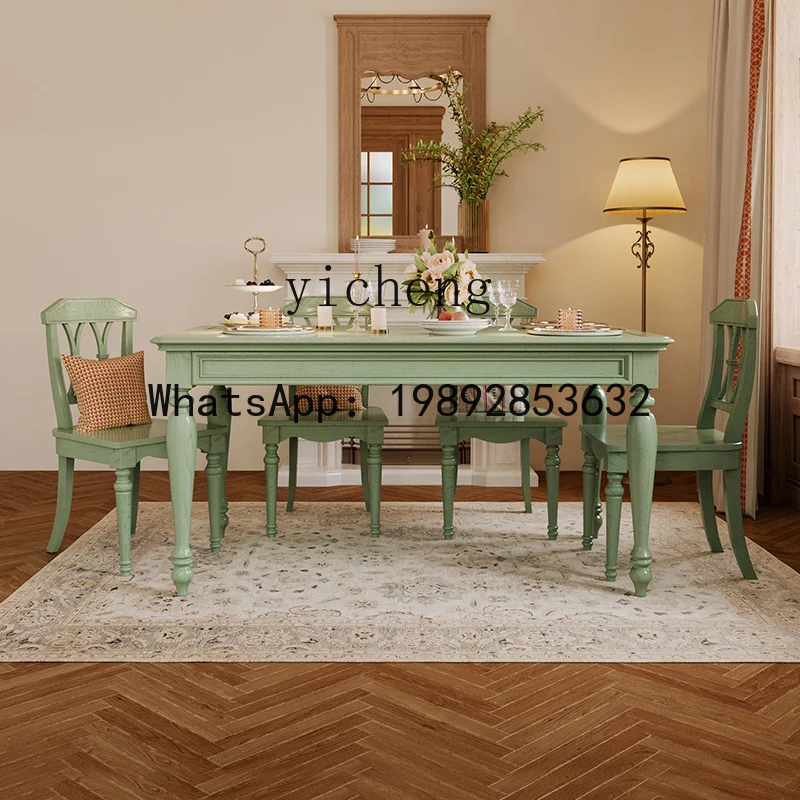 ABC  solid wood retro green dining table and chair combination  apartment rectangular retro ash wood dining table