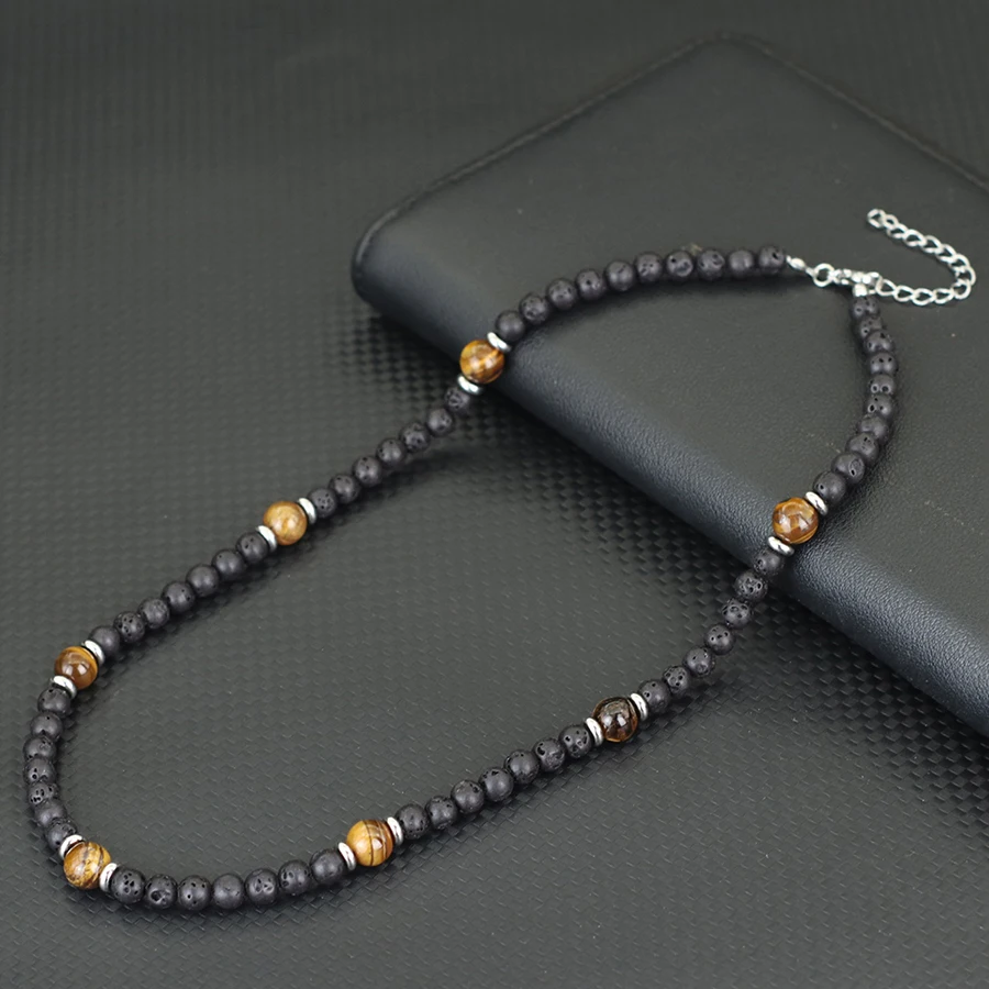 Fashionable Natural Stone Necklace Men Turquoises Hematite Tiger Eyes Beads 50cm Short Collar Jewelry Office Erkek Kolye Joias
