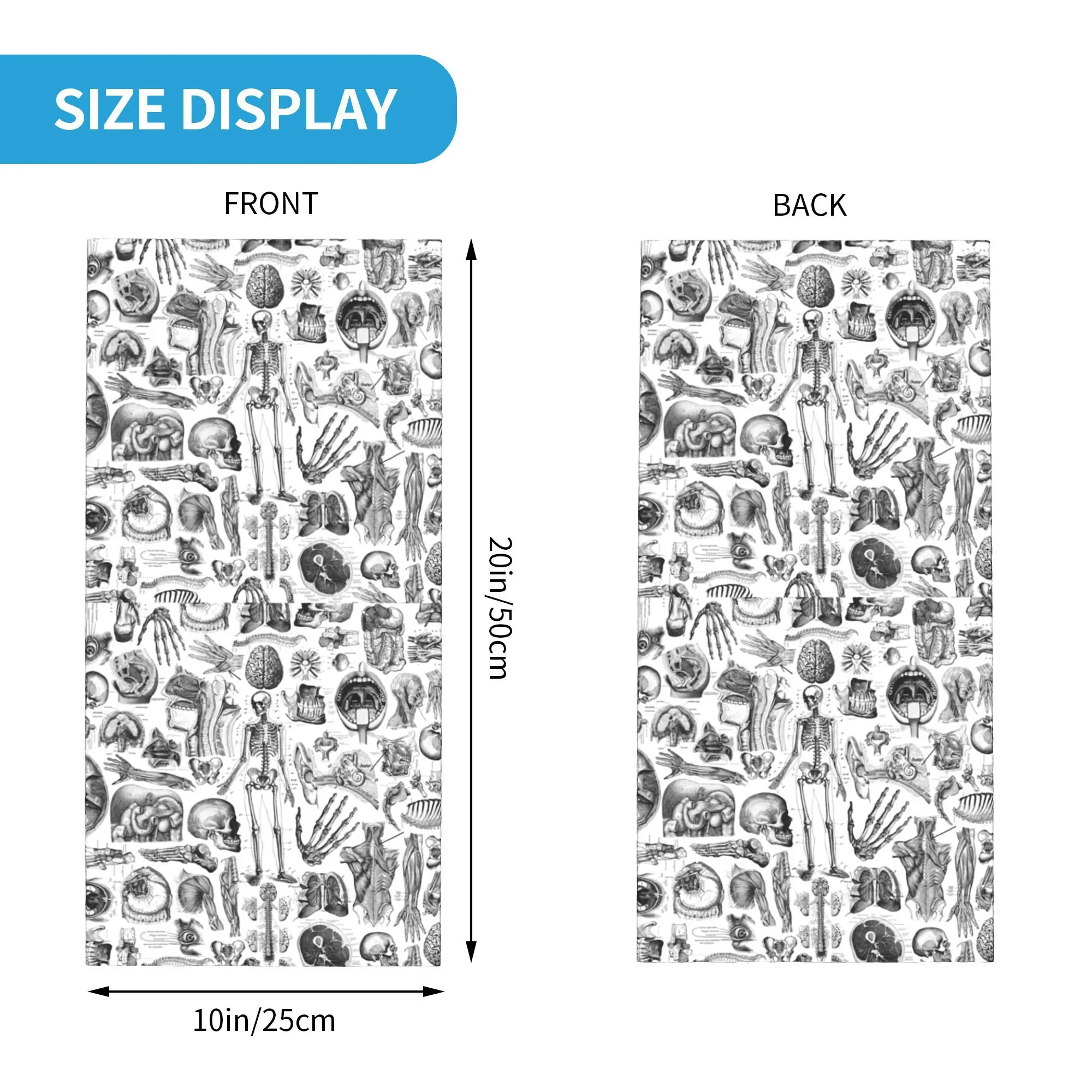 تشريح الإنسان الأبيض طباعة باندانا غطاء الرقبة المطبوعة التفاف وشاح متعدد الوظائف ركوب الدراجات وشاح ركوب للجنسين الكبار قابل للغسل