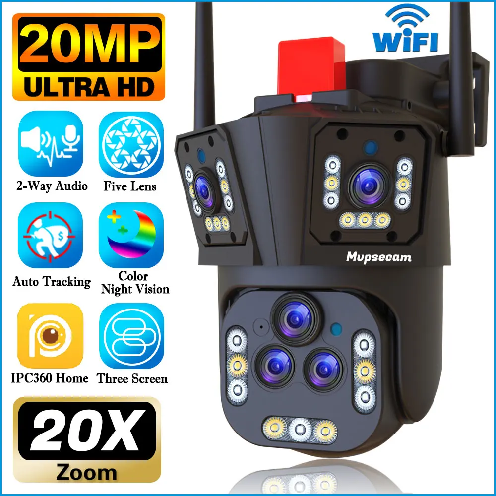 4K 20MP WiFi IP Camera Five Lens 20X Zoom Outdoor Wireless PTZ Home Security Protection Auto Tracking CCTV Video Surveillance