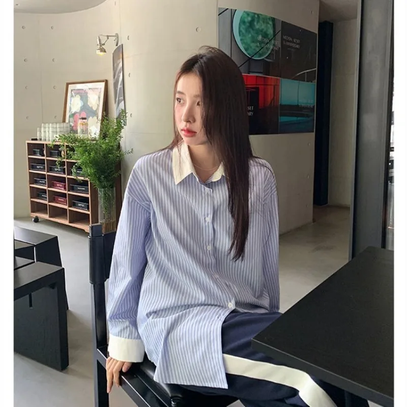 QWEEK kemeja bergaris gaya Korea, pakaian lengan panjang longgar Chic wanita muda Vintage perca musim gugur untuk kantor elegan