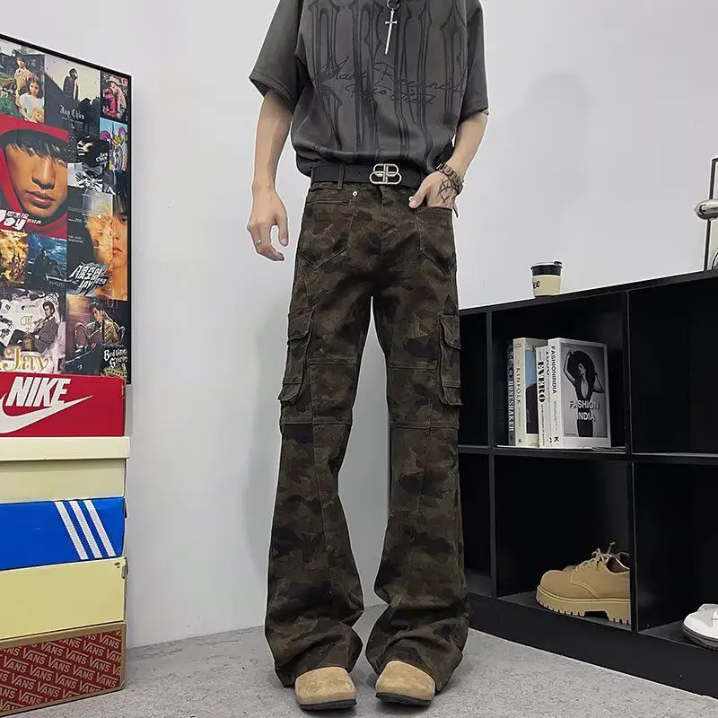 

Slim Fit Cargo Pants Men's Summer 2025 Retro American Camouflage Multi-Pocket Straight Leg Bell Bottoms Workwear Jeans