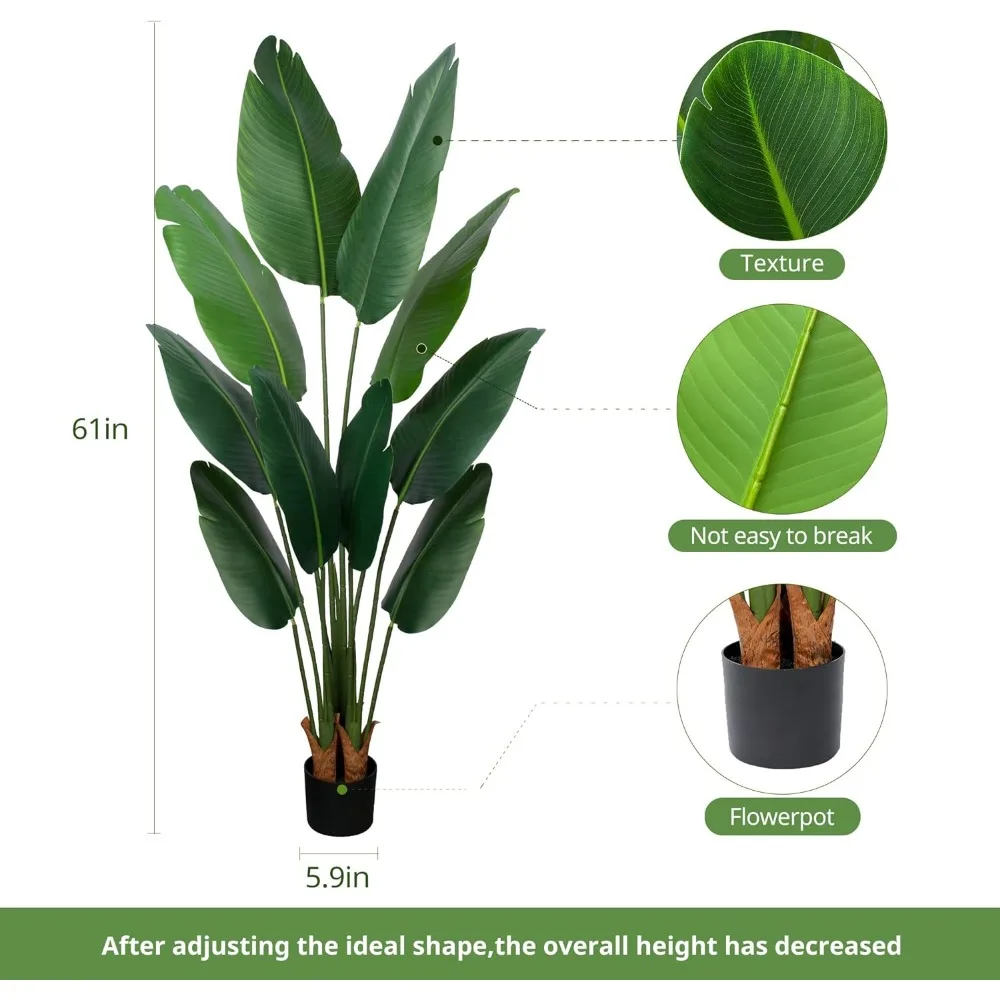 Artificial Bird of Paradise Plant 5 Ft Tall Fake Banana Leaf Plant for Indoors and Outdoors,Faux Palm Tree with Plastic Pot for