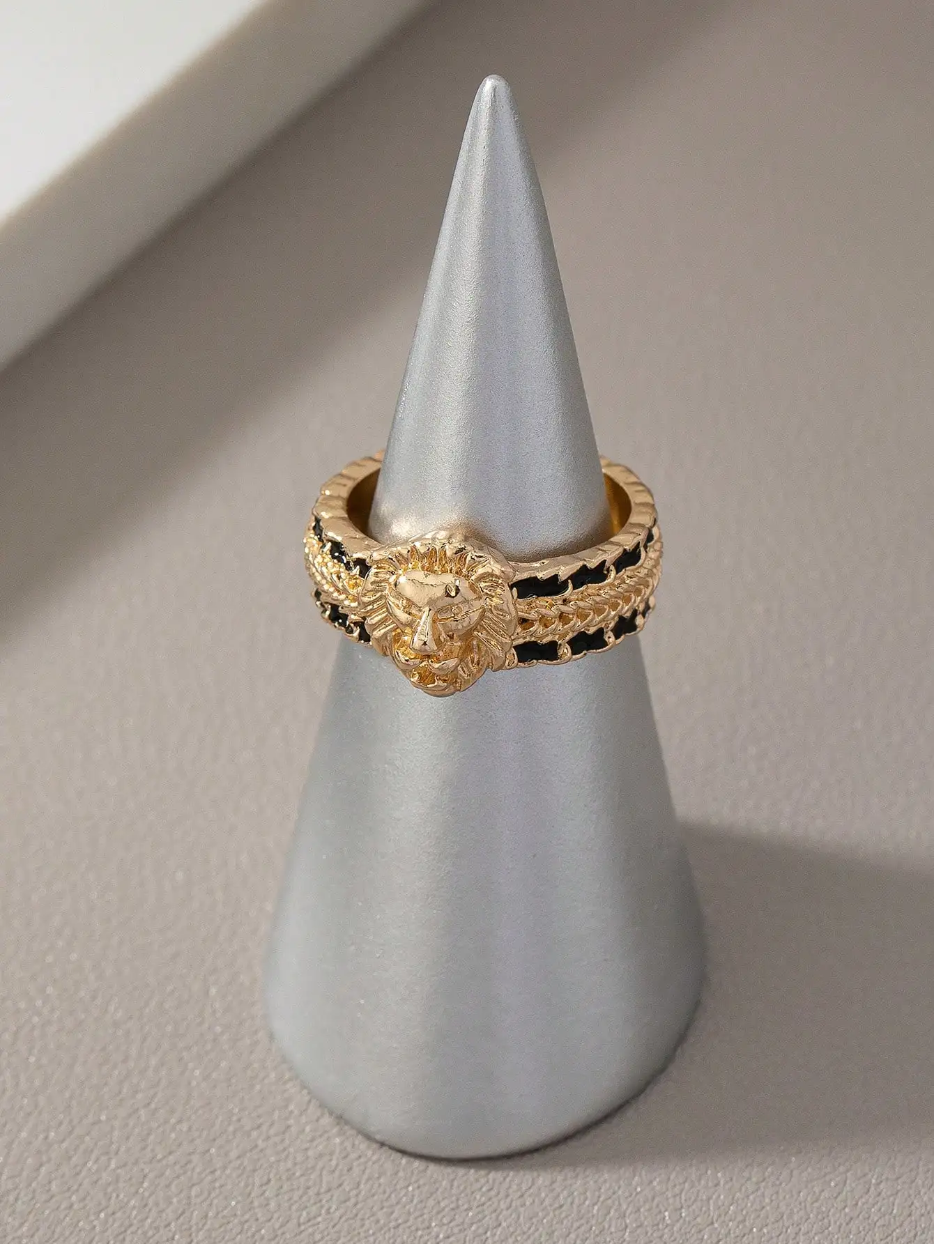 

Gold-Tone Lion Head Statement Ring with Black Inlay for Men