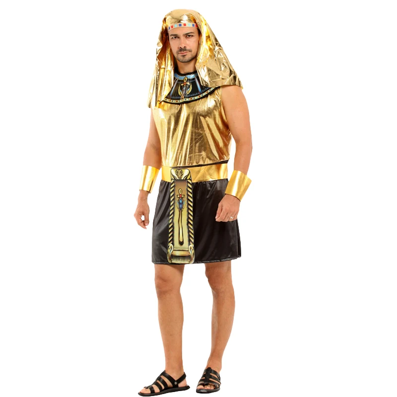 Faraó egípcio rei cosplay traje terno para homens e mulheres, dourado headwear, vestido masculino adulto, vestido de baile