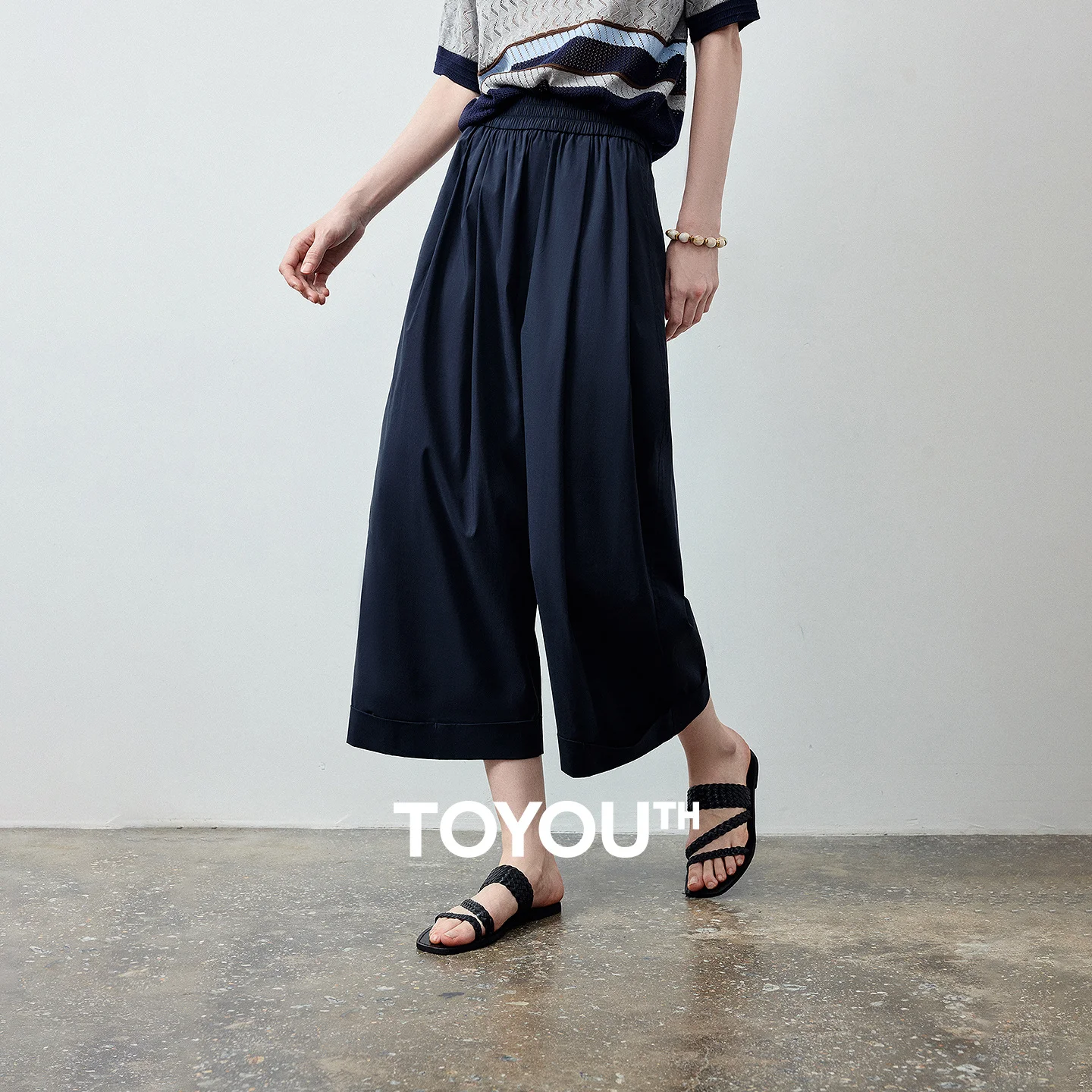 TOYOUTH Women Casual Pants 2026 Summer New Relaxed Style Turn Up Hem Ankle Wide Leg Pants Black Blue
