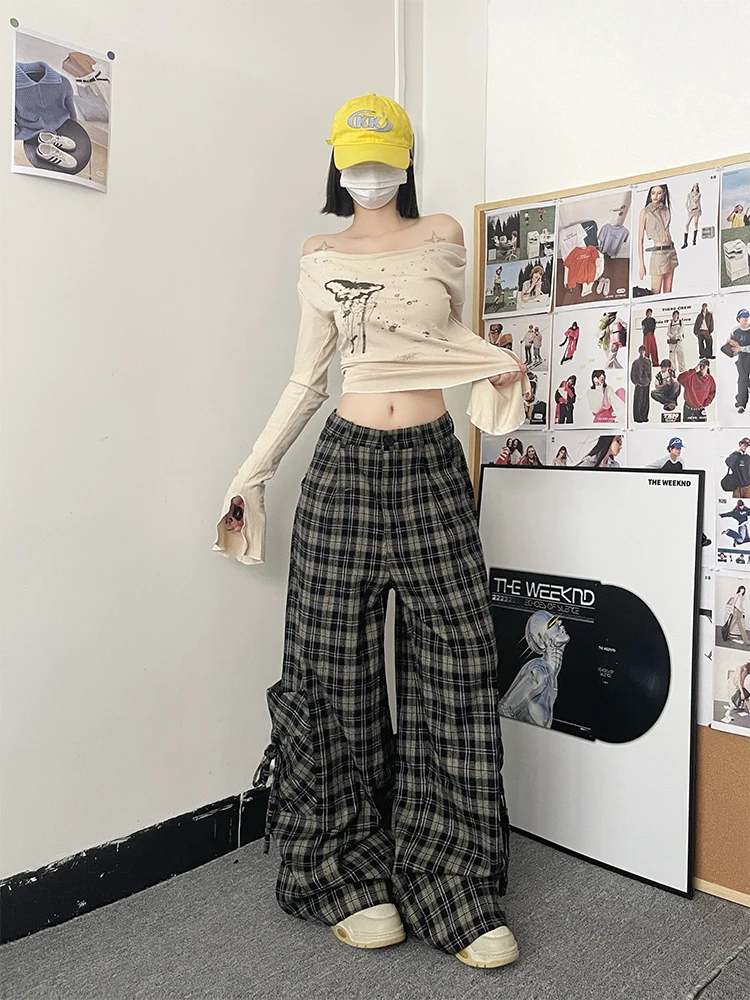 Fall Winter Women Baggy Long Trousers Dark Academia Gothic Plaid Pants Grunge Y2K Japanese Harajuku Grunge Tomboy Loose Casual