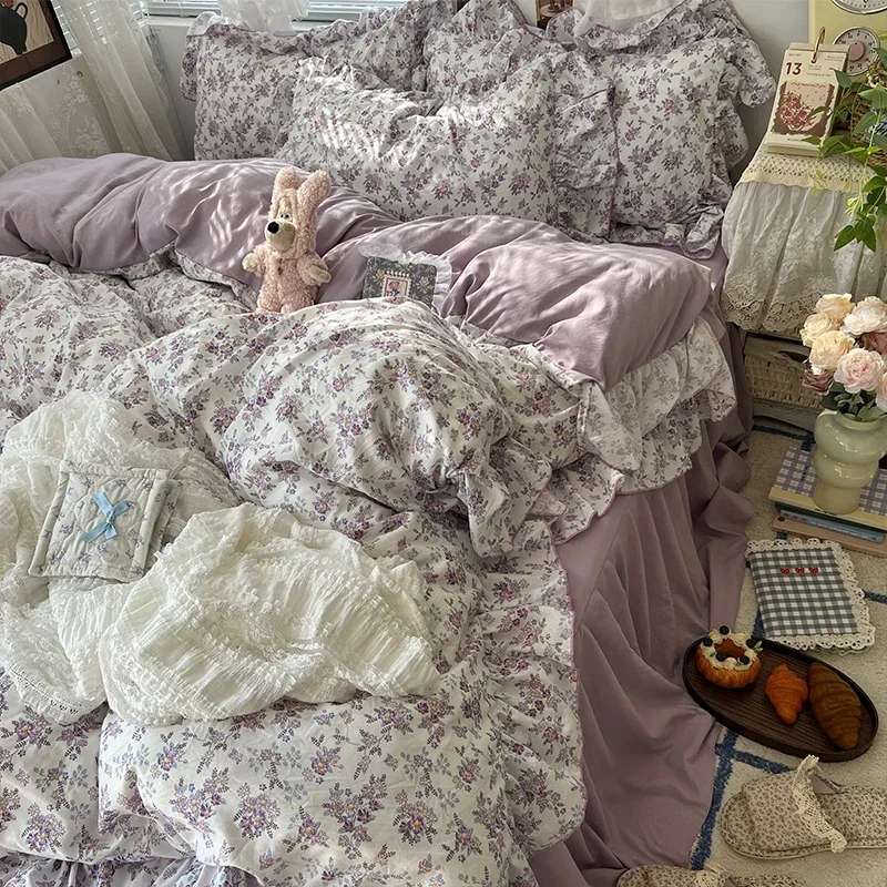 3/4Pcs Korean Princess Style Floral Ruffles Bedding Set Skin-friendly Soft Duvet Cover Set Bed Sheet Or Bed Skirt Pillowcases