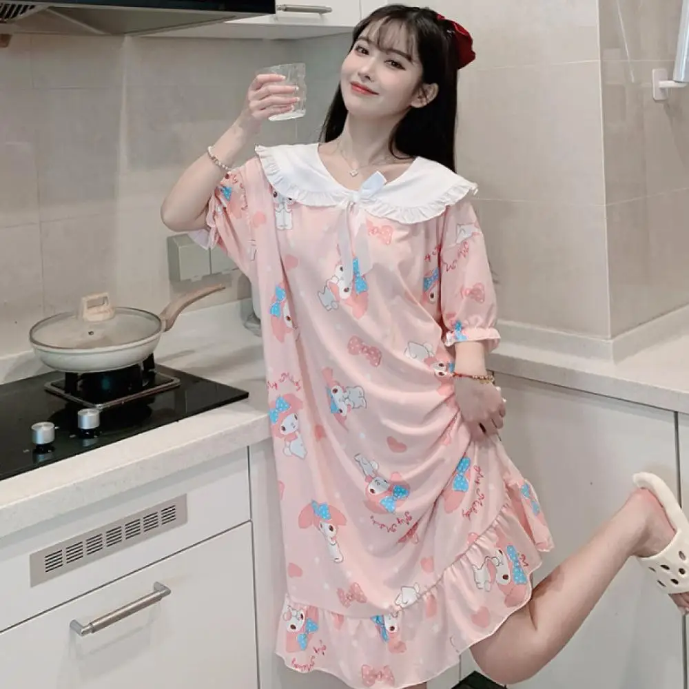 Kawaii Summer My Melody Nightdress Anime Kuromi Large Size Pajamas Sanrio Cinnamoroll Girl Short Sleeve Mid Length Cotton Loose