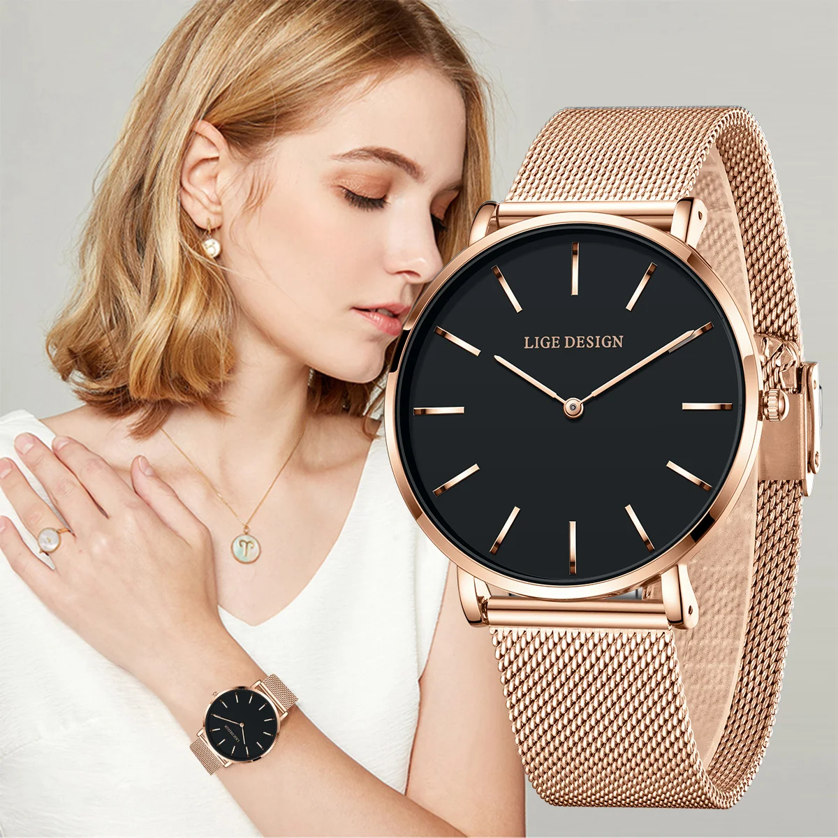 LIGE Elegant Ladies Watch Fashion Simple Business 30M Waterproof Women Watches Luxury Classic Stainless Steel Quartz Wristwatch