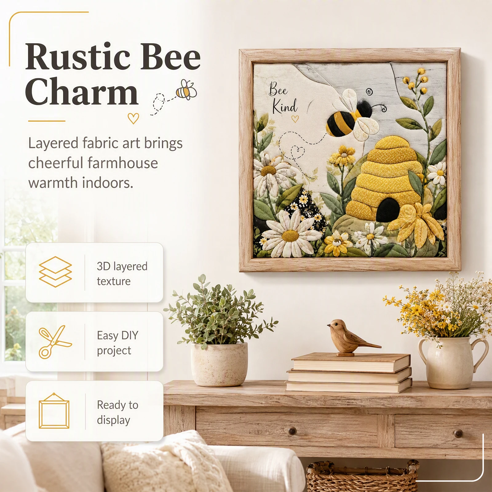 DIY Bee Honeycomb Punch Needle Embroidery Kit Sunflower Daisy 3D Wall Art Rustic Home Decor Wood Frame Beginner Set