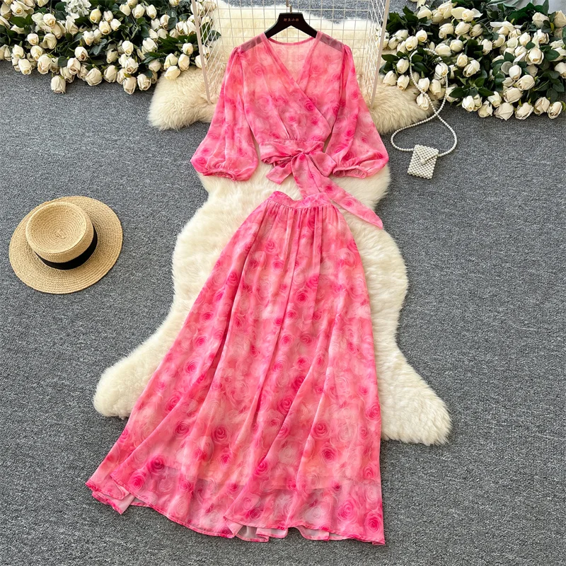 

Весенне-летний шифоновый женский костюм с цветочным принтом, юбка, сексуальный комплект из 2 предметов с v-образным вырезом и перекрестным галстуком, пляжный праздничный комплект с богемным принтом