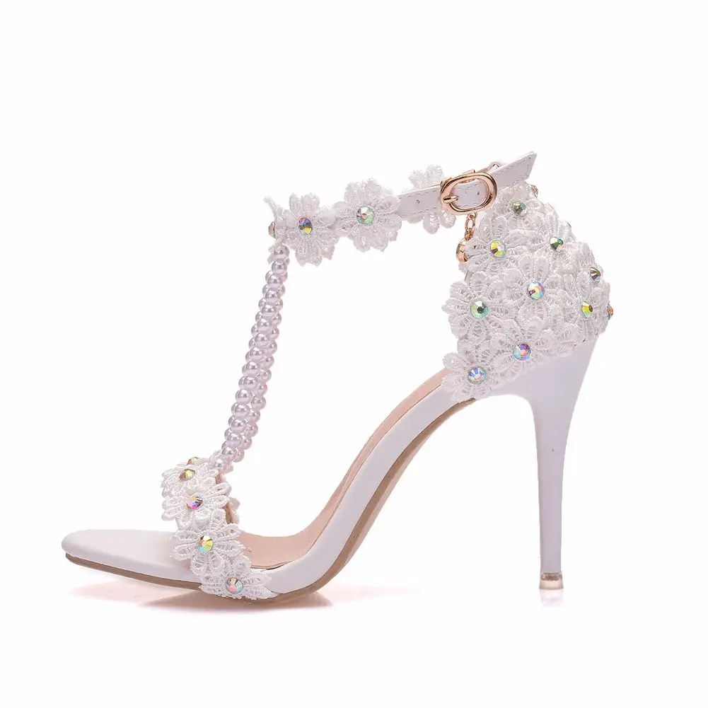 Comemore Crystal Queen Women Sandals Flowers Pearl Stilettos Bridal 9cm Evening Party High Heels Bridal Pumps Wedding Shoes 2023