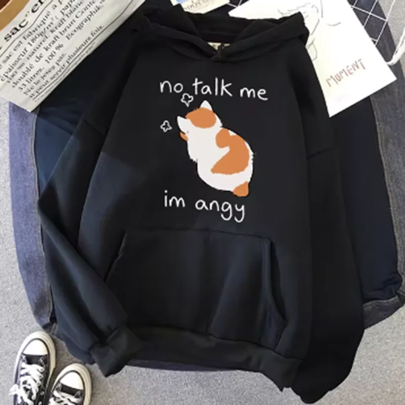 No Talk Me Cute Angry Cat Print Women Hoody Hip Hop Soft Sweatshirt Casual Fleece Sweatshirt Oversize Fleece Women Streetwear