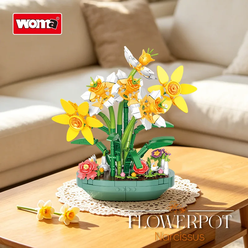 

WOMA Simulated Daffodil Building Blocks Preserved Flower Potted Plant Educational Assembly Desktop Ornament Birthday Gift