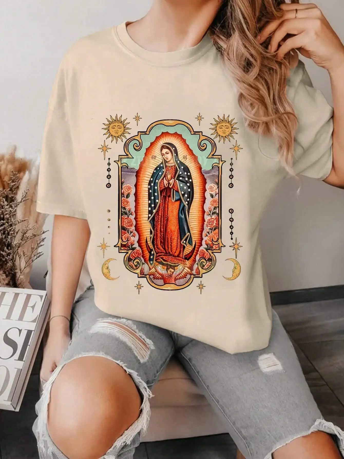 100% Cotton Women T-shirt Our Lady Of Guadalupe Printed Tee Shirt Summer Comfortable Loose Tops Street Fashion Female Clothes