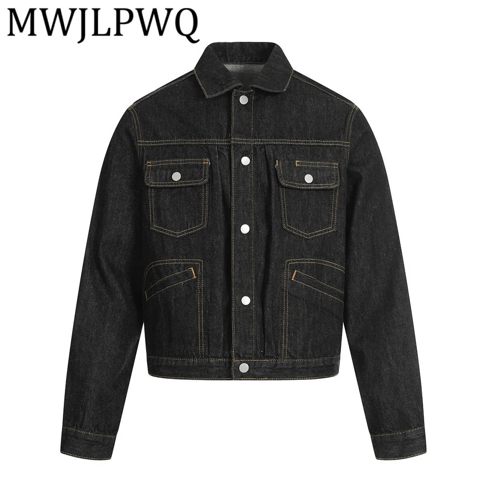 

MWJLPWQ American Punk Workwear Short Jacket For Men Loose Stitching Design Pockets Personality Casual Turn-Down Collar Top 12694