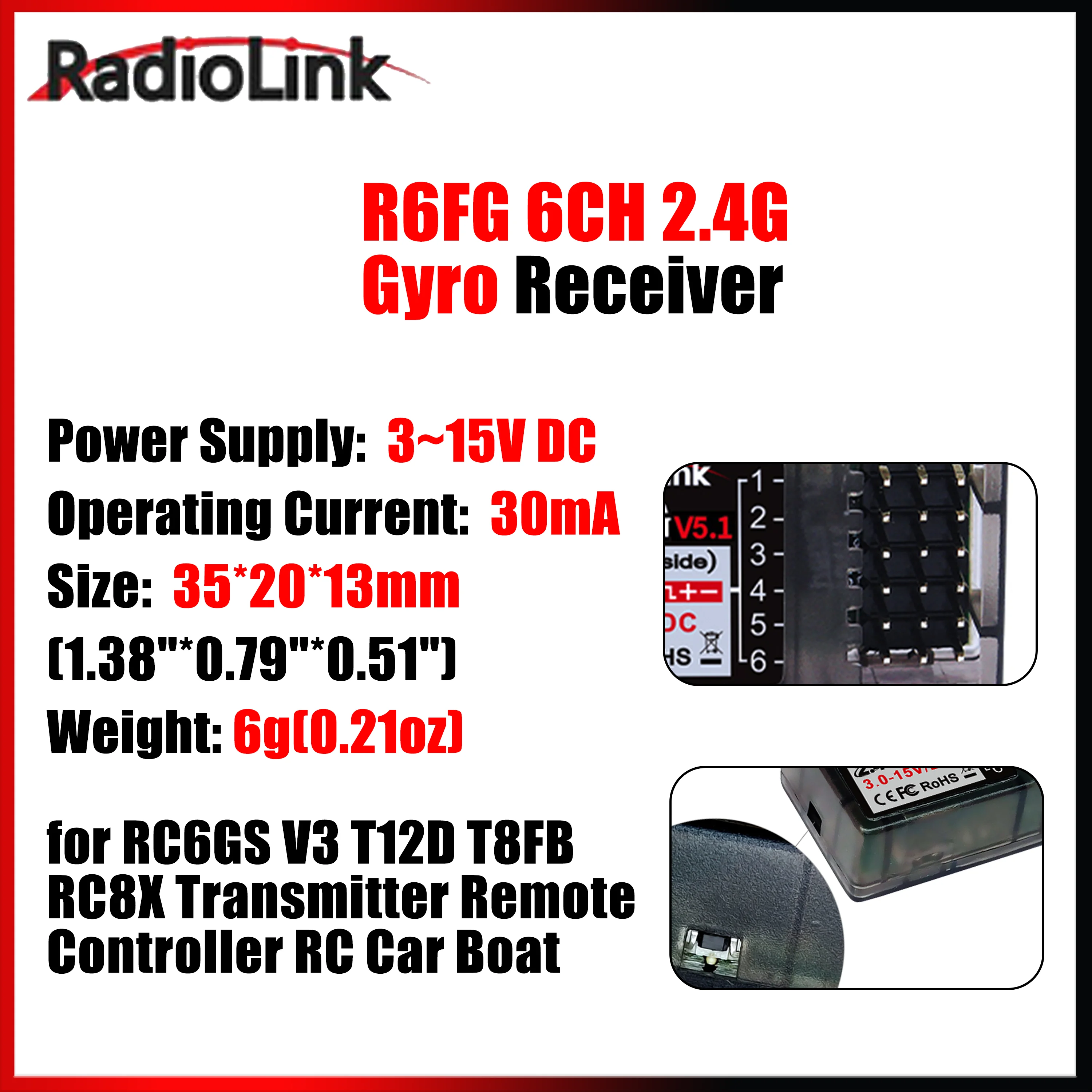 

RadioLink R6FG V5.1 6CH Gyro 2.4G Receiver Radio System for RC6GS V3 T12D T8FB RC8X Transmitter Remote Controller RC Car Boat