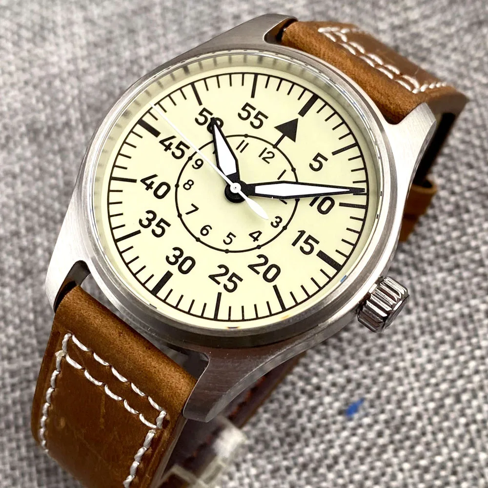 39mm Vintage Pilot Aviator Mechanical Watch Men Miyota8215 Movement Cream White Dial Green Super Full Luminous Retro Gift Clock