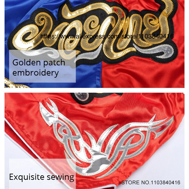 Muay Thai Shorts Men Kids Boxing Shorts Women Embroidery Satin Martial Arts Grappling Sparring Cage Fighting Kickboxing Pants