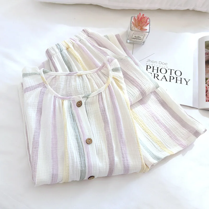 Wiosenny zestaw pidżama z długim rękawem z gazy bawełnianej z okrągłym dekoltem w kolorowe paski piżama dla kobiet luźne i swobodne długie spodnie