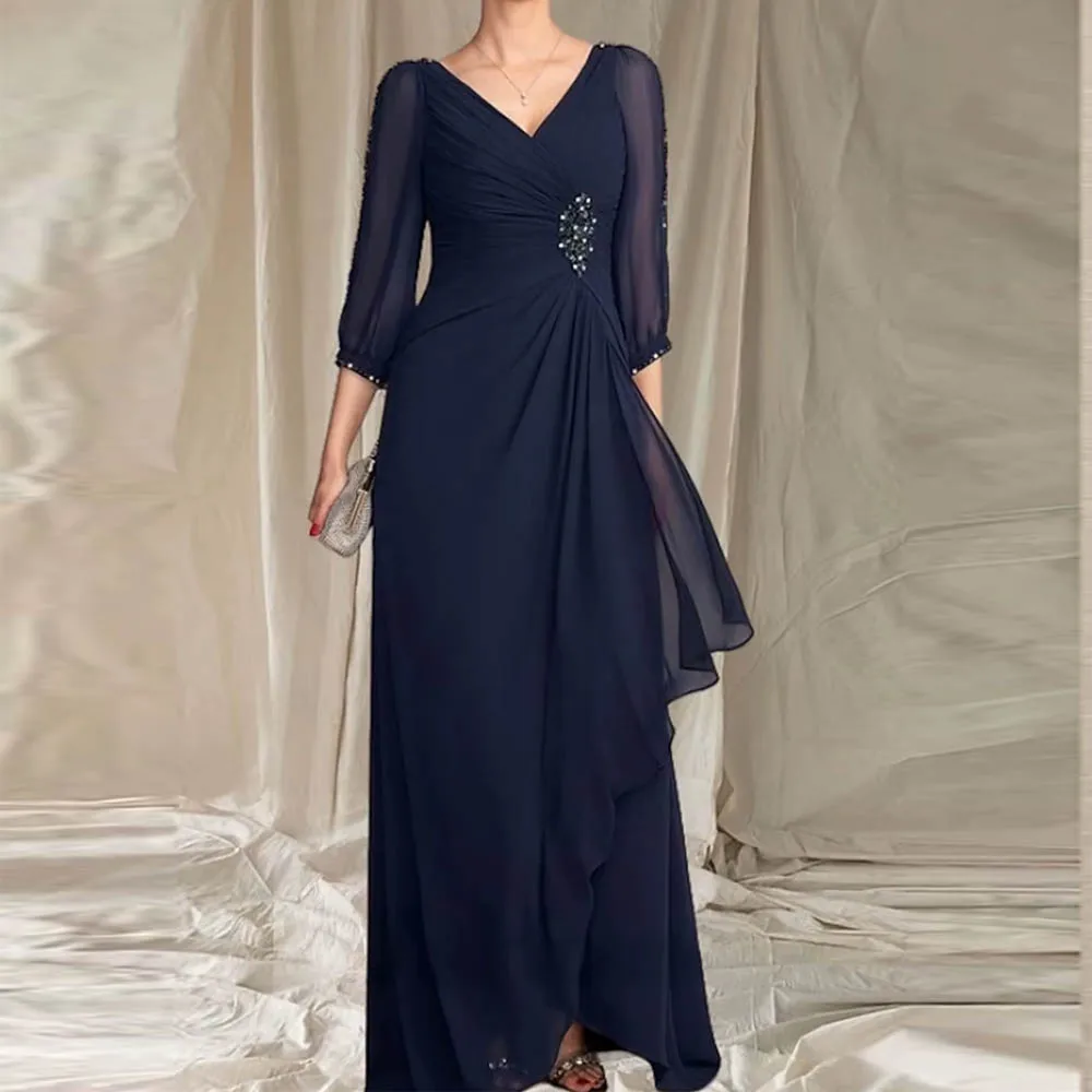 

Customized Elegant Two Piece Chiffon Mother of Bride Dresses V Neck Floor Length Long Sleeves Appliques Wedding Party Dresse