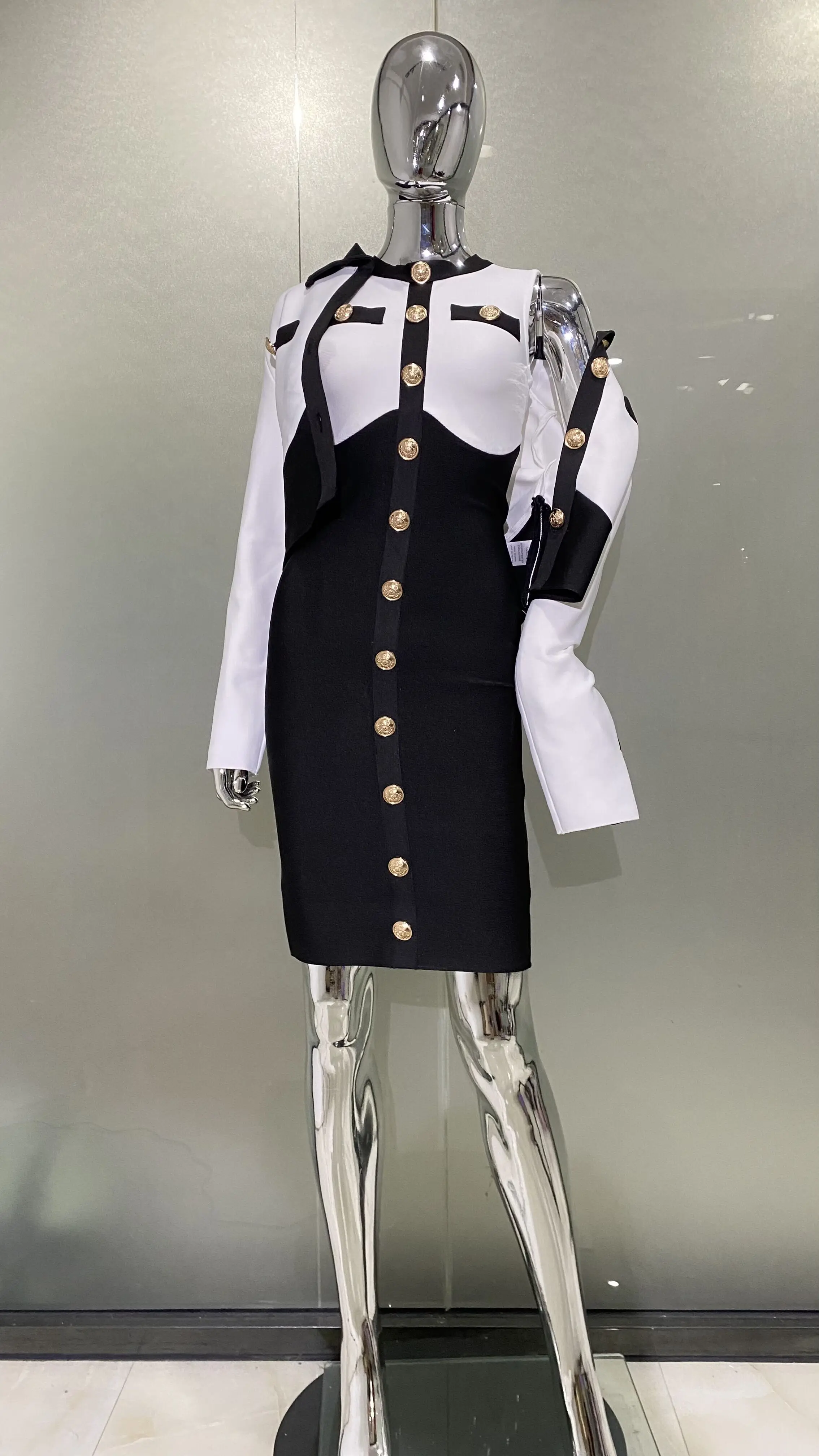 New Arrivals Fashionable  Women's Bandage Set Golden Buttons White Patchwork Black Coat And Sleeveless Bodycon MIini Dress