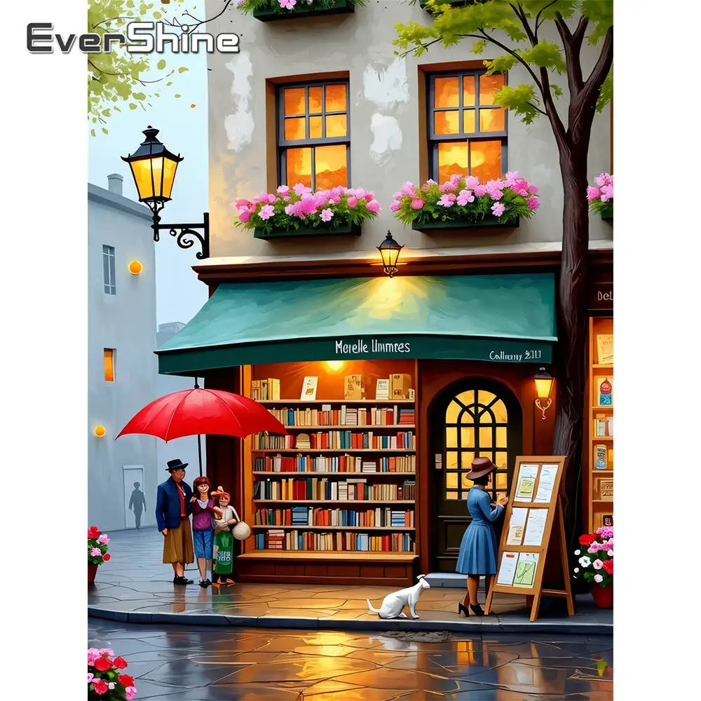 

Evershine Full Square Round Diamond Mosaic House Landscape Craft Kit Painting Book Shop DIY Embroidery Home Decoration