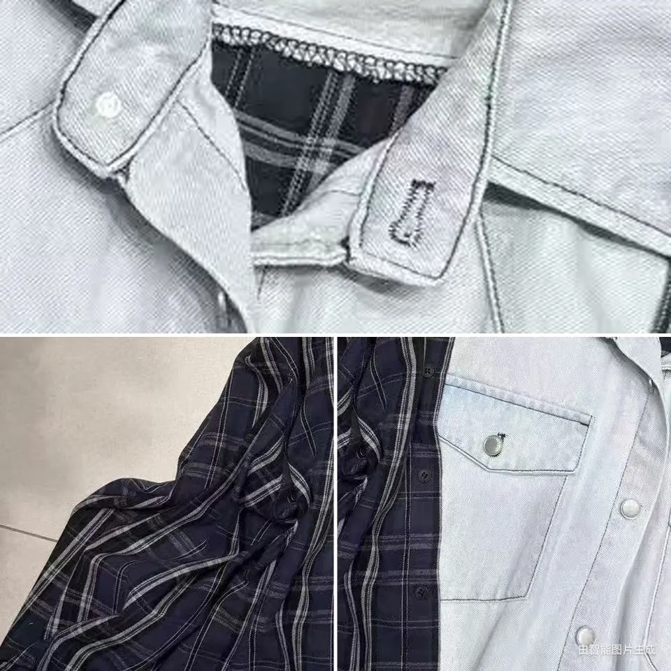 SuperAen Vintage Patchwork Denim Plaid Shirt for Women Loose Design Long-sleeve Shirt High Street Style Shirt