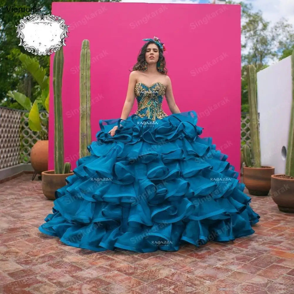 

Blue Long Quinceanera Dresses Ball Gowns 2021 New Design Beading Top Sweet 16 Dress Incinerate vestido de 15 anos