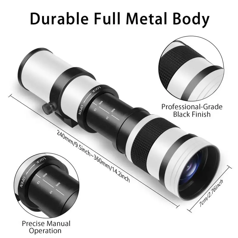 420-800mm F8.3-16 슈퍼 망원 렌즈, T-타입 렌즈 포함 | 니콘, 캐논, DSLR/미러리스 카메라와 호환 가능, 수동 초점, 알루미늄 합금 소재,…