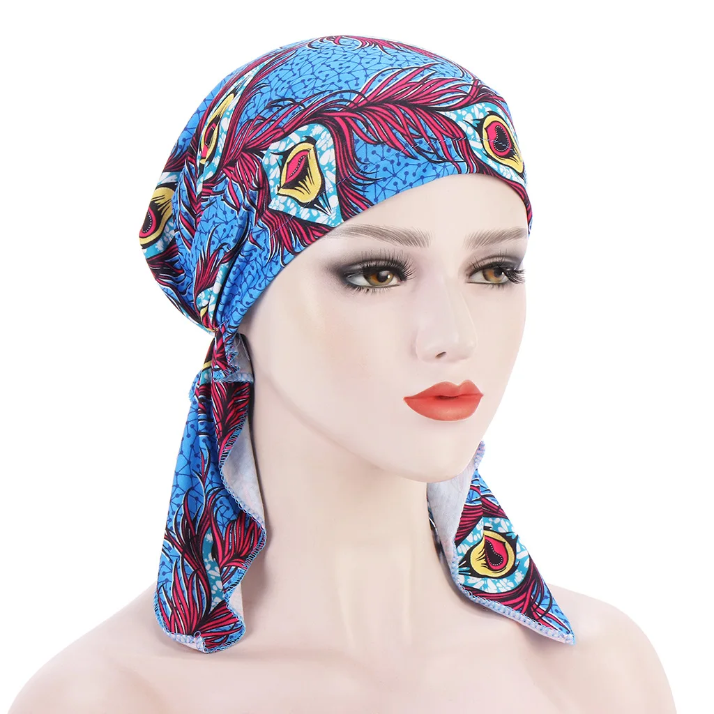 Trendy Print Muslim Fashion Hijab Turban Bonnet Long Tail Head Wraps Soft Elastic Hijab Hats Chemo Cap For Women Girls