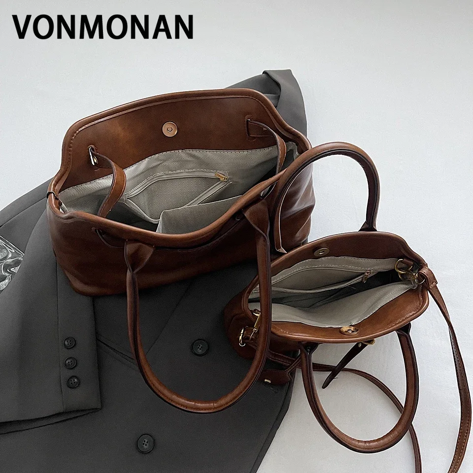 VONMONAN PU Leather Retro Tote Bag for Women Winter Trend Fashion Y2K Handbags Females Travel Messenger Shoulder Crossbody Bags